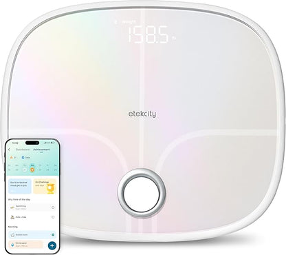 Etekcity Smart Rechargeable Scale for Body Weight, BMI, Fat, Muscle Mass, Digital Bathroom Scale with 13 Metrics, Secret Mode, Bluetooth Connect to Free Apps, Rainbow White