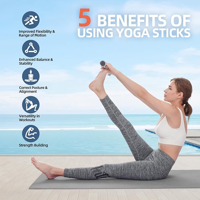 Yoga Stick 5 ft Sturdy Steel, Adjustable Stretching Stick for Mobility, Flexibility and Balance, Versatile Exercise Stick with 4 Steel Rods & Foam Handles for Fitness, Rehabilitation, and Posture