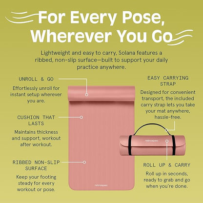 Retrospec Solana Yoga Mat 1/2" Thick w/Nylon Strap for Men & Women - Non Slip Exercise Mat for Yoga, Pilates, Stretching, Floor & Fitness Workouts