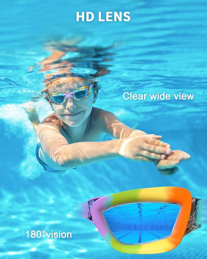 Kids Swim Goggles, Swimming Goggles for Kids with Nose Clip, Earplugs, Nose Bridge for Age 3-15
