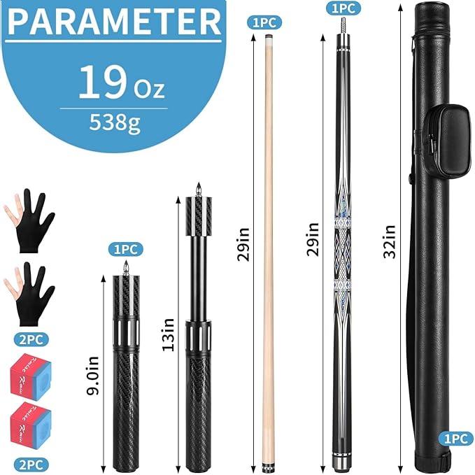Kmise Professional Pool Cue Stick - 19 20 21oz Canadian Maple Cue Sticks, Low Deflection Shaft with Telescopic Carbon Fiber Extension, Pool Sticks for Aults, Billiard Cue Sticks with Leather Cue Case