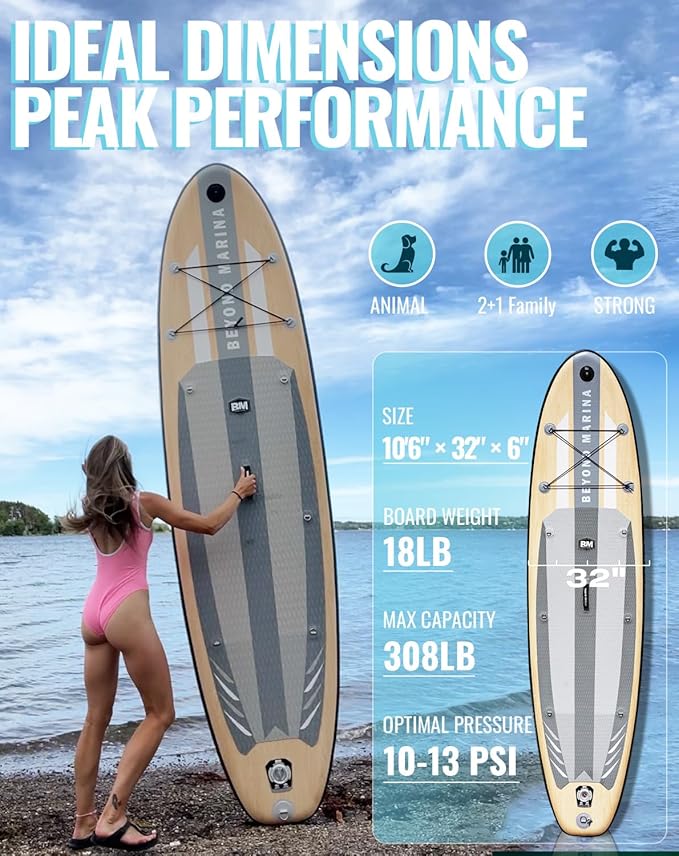BM Paddle Board Inflatable Stand Up Paddle Board, SUP Paddleboard for Adult, Premium Accessories | Non-Slip EVA Deck & Foam Handles, Camera Mount, Double Action Pump, 85L Travel Backpack