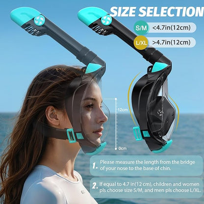 Full Face Snorkel Mask, Snorkeling Gear for Adults Men and Women, 180 Degrees Panoramic View Snorkel Set Anti-Fog Anti-Leak, Dry Top System and Travel Bag for Swimming, Snorkeling