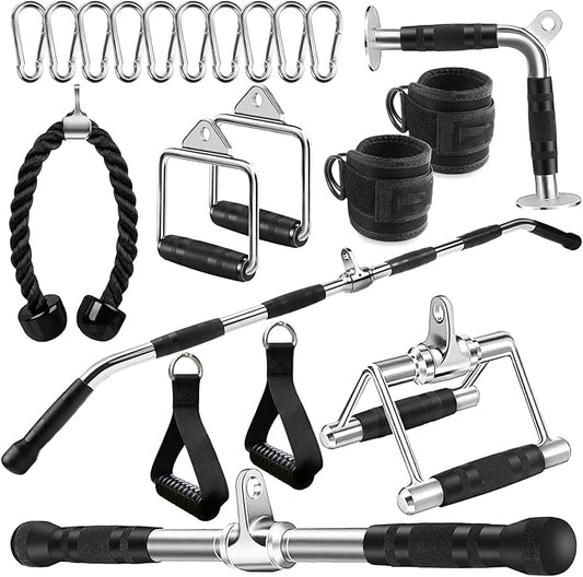 LAT Bar Cable Attachment with Rubber Handgrips, Deluxe Heavy Duty Solid Curl Bar Revolving Hanger Home Gym Cable Attachments