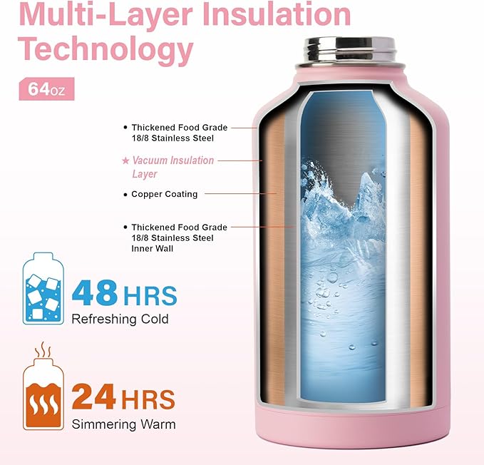 Insulated Water Bottle | Thickened Stainless Steel Vacuum Metal | Portable Sports Half Gallon Large Water Jug for Gym and Hiking with Straw, Carrier Bag, Handle Strap | BPA-Free 64 oz