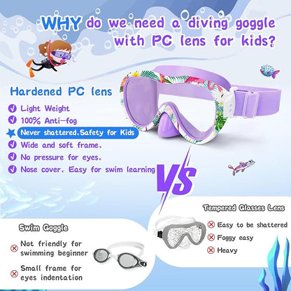 Kids Swim Goggles with Nose Cover, 180° Panoramic Snorkel Mask with Anti-Fog & Anti-Leak Design, Comfort Fabric Strap UV Protection Lens for Boys Girls Ages 3-15