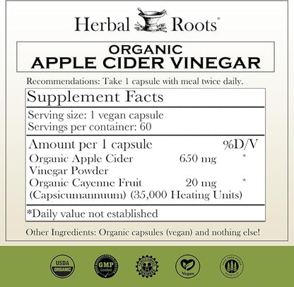 Herbal Roots Organic Apple Cider Vinegar Capsules with Mother and Organic Cayenne | 650 mg | 60 Vegan Capsules