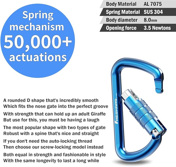 FresKaro 3inch 12kN-2698lbs Auto Locking Carabiner Clips, Solid D Shape, Heavy Duty 7075 Aluminum, Lightweight 1.09oz, Rust Proof, for Hammock, Hiking, Dog Leash, Keychain etc., Multi-Colors