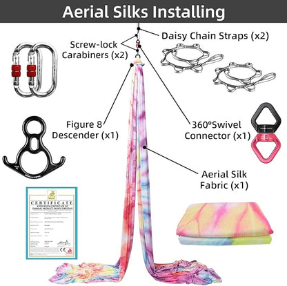 PRIOR FITNESS Aerial Silks Kit Colorful 9/15/20 Yards 40D Nylon Fabric Hammock Set With Hardware & Guide for All Levels Of Aerial Yoga Practice and Acrobatic Flying For Adults Aerial silk