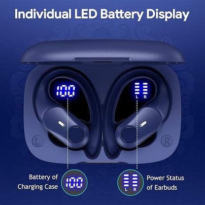 GOLREX Active Noise Cancelling Ear Buds Wireless Earbuds Bluetooth Headphones with 80H Playtime LED Display Wireless Charging Case, Over-Ear Hooks Earbud for Sports Running Gym Workout Blue