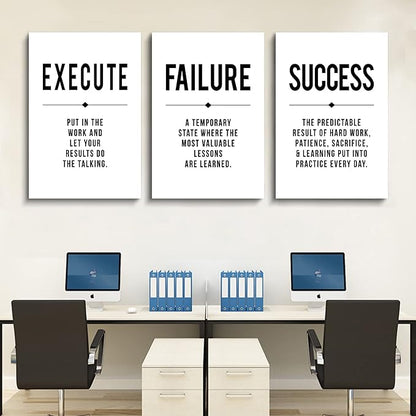 Framed Canvas Wall Art Success Quote, Office Wall Art, Black Large Poster, Positive Motivational Set of 3 Prints, Execute Failure Definition, Inspirational Print (D-3pcs,20x30inchx3pcs)