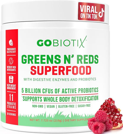 GOBIOTIX Super Greens and Reds Powder - Red and Green Superfood - Probiotic Supplement - Digestive Enzymes and Beet Root Powder - Organic Whole Foods Dietary Supplement (Pom Raspberry, 1 Pack)