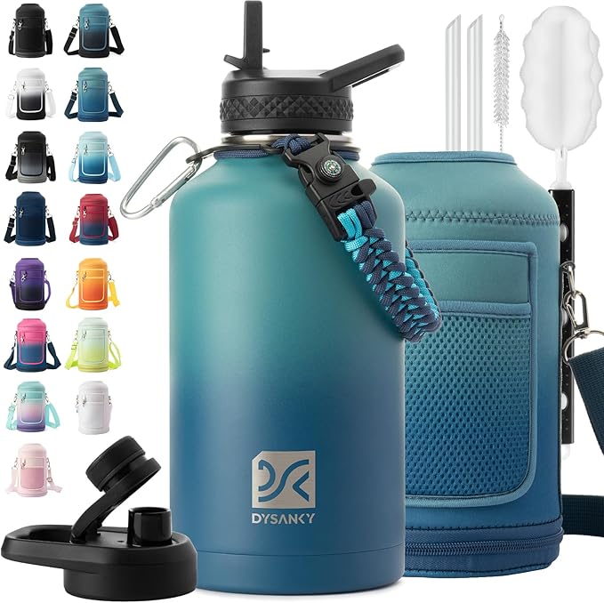 Insulated Water Bottle | Thickened Stainless Steel Vacuum Metal | Portable Sports Half Gallon Large Water Jug for Gym and Hiking with Straw, Carrier Bag, Handle Strap | BPA-Free 64 oz
