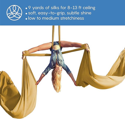 Aerial Silks Starter Kit - Durable 9 Yards of Aerial Yoga Hammock with Hardware & Guide - Aerial Swing for Acrobatic Flying Yoga & All Levels (Aerial Rigging Point Up to 13ft)