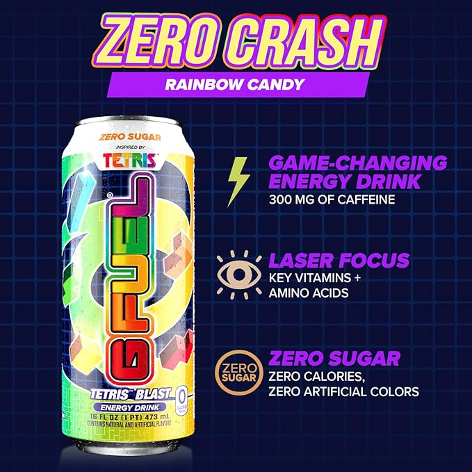 G Fuel Energy Drink, Candy Flavor, Sugar Free Beverage with 300mg Caffeine, Daily Energy Boost with Focus Amino, Vitamin + Antioxidants, 16 oz Cans (Tetris, 12-Pack)