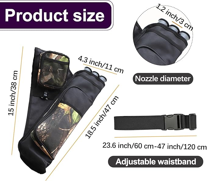 3-Tubes Hip Quiver Waist Hanged Archery Arrow Carry Bag with Pockets Adjustable Belt for Hunting, Target Practice, and Outdoor Shooting, Fits Both Youth and Adults