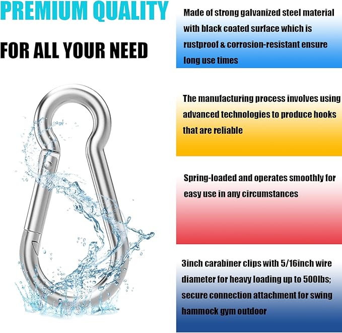100PCS M8 Spring Snap Hook Carabiner, 3" x 5/16" Heavy Duty Galvanized Steel Carabiner Clips, 470LBS Capacity Spring Quick Links Clips for Camping Hiking Hammock Swing and Outdoor Activities