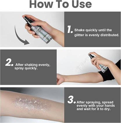 Glitter Spray for Hair and Body, Silver Body Glitter Spray, Quick-Drying and Waterproof Glitter Hairspray, Nozzles are not Easily clogged, Long-Lasting for Stage Makeup, 3.38 oz