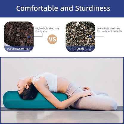 Organic Buckwheat Bolster (24X10.5X5.5 in) Supportive Rectangular Meditation Pillow 100% Cotton Cover Yoga Pillow
