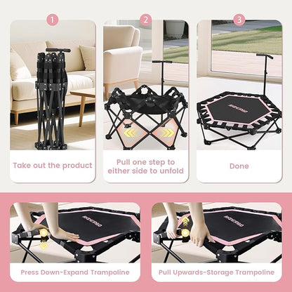 Foldable Mini Trampoline, Rebounder Trampoline with Adjustable Foam Handle, Fitness Trampoline for Indoor, Outdoor, Home Gym, Max Load 460 lbs