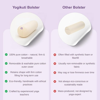 Yogikuti Iyengar Yoga Bolster Pillow for Restorative Yoga & Meditation Poses – 100% Cotton, Firm & Durable Cylindrical Cushion with Washable Cover, Perfect for Balance & Supportive Asanas (White)