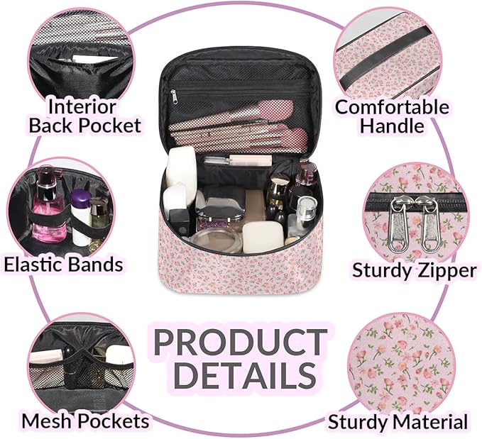 Large Makeup Bag Travel Cosmetic Bags for Women Pink Vintage Bohemian Spring Flower Floral Makeup Organizer Case Toiletry Bag for Girls Traveling Wide Open Portable Pouch with Handle