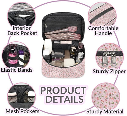 Large Makeup Bag Travel Cosmetic Bags for Women Pink Vintage Bohemian Spring Flower Floral Makeup Organizer Case Toiletry Bag for Girls Traveling Wide Open Portable Pouch with Handle