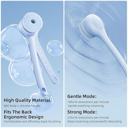 Electric Body Brush Back Scrubber for Shower, Waterproof Long Dual Handle Power Body Scrubber with 3 Heads, Rechargeable Bath Brush & 2 Speeds, for Cleansing, Exfoliating and Massaging Skin