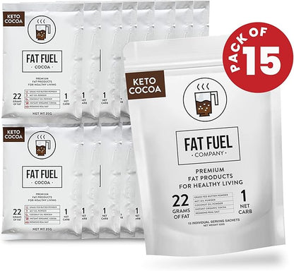 Fat Fuel Keto Cocoa 22g Premium Fats - with Grass Fed Butter, MCT Oil, Coconut & Redmond Real Salt - Instant Organic Cocoa, One Net Carb, A True Meal Replacement - 15 Servings