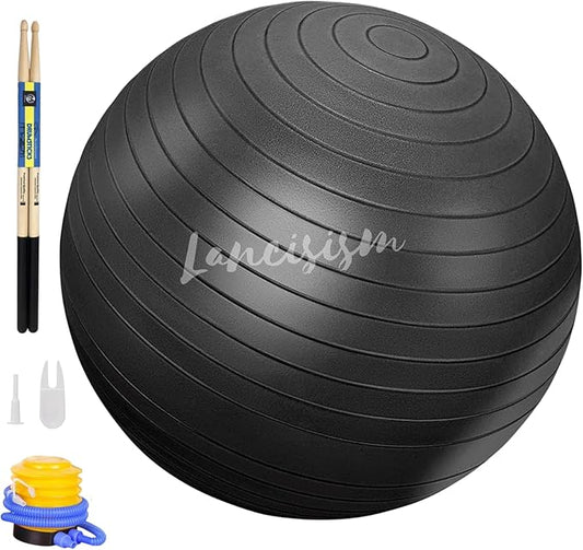 Lancisism Cardio Drumming Equipment Set - 26" Exercise Ball with Pump and Weighted Cardio Drumming Sticks with Grips - Fitness Yoga Ball Drumsticks Workout for Balance, Rhythm, Aerobic Moves (Black)