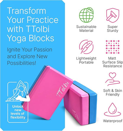 Yoga Blocks 2 Pack Set with Dance Stretch Band & Guide: Non-Slip EVA Foam Block - Ideal Stretching Equipment for Home Workouts, Pilates, Dance, Ballet, Gymnastics, Exercise - Stretch Strap Stuff Props