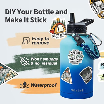 64 oz Insulated Water Bottle with Straw (Cold for 48 Hrs), Half Gallon Stainless Steel Triple Wall Vacuum Sports Water Jug, Leakproof Hydro Cup Flask with Straw Spout Lids & DIY Stickers