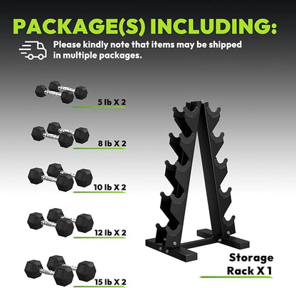 Hex Dumbbell Sets with Rack, 60-550 lb Rubber Encased Exercise & Fitness Dumbbells Set with Rack Option, Hand Weight for Strength Training, Weight Dumbbells