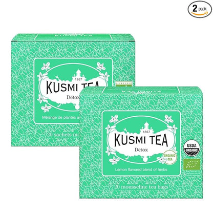 Kusmi Tea - Pack of 2 Boxes of Tea Bags - Detox - Organic Blend of Green Tea, Mate & Lemon - Lemongrass, Rose Hip and Lemon Flavours - Enjoy Hot or Iced - 2x20 Tea Bags