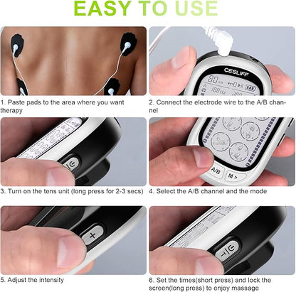 Dual Channel TENS EMS Unit Large Screen 24 Modes 36 Levels Intensity Muscle Stimulator, Rechargeable Electric Pulse Massager TENS Machine for Lower Back Neck Shoulder Pain Relief with 10 Pads