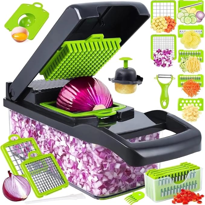 16-in-1 Ultimate Vegetable Chopper & Mandoline Slicer – Multi-Blade Food Dicer, Spiralizer, Grater & Cutter with Container – Kitchen Gadget for Fruits, Veggies, Cheese – Black & Green