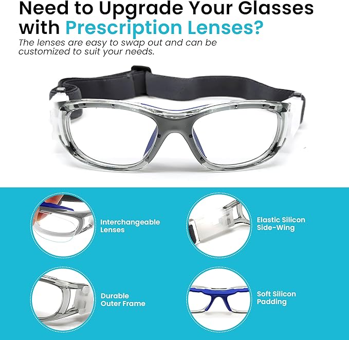 BLUE CUT Safety Basketball Goggles For Kids for Outdoor Sports Activities Anti Fog Replaceable to Prescription Lenses