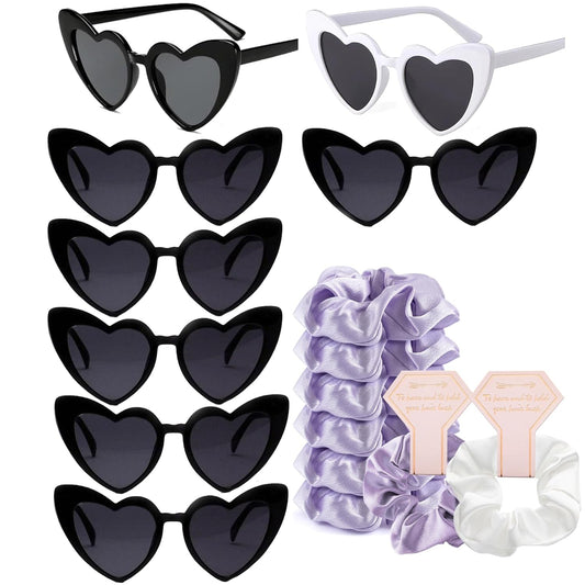 1+7 Pack Bachelorette Party Favor Retro Heart Sunglasses and Bridesmaid Scrunchies Set (Purple)