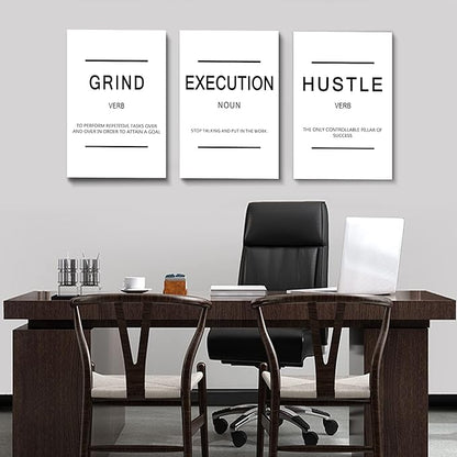 Framed Canvas Wall Art Success Quote, Office Wall Art, White Large Poster, Positive Motivational Set of 3 Prints, Grind Execution Hustle Poster, Inspirational Print