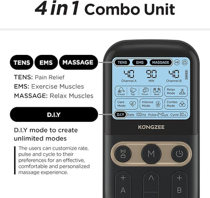 4 in 1 - D.I.Y & Tens Unit & EMS & Massage Muscle Stimulator, Dual Channel TENS Units Therapy Machine for Pain Relief, FDA Cleared Rechargeable Electronic Pulse Massager,with 12pcs Electrode Pads
