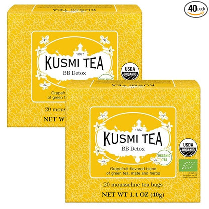Kusmi Tea - Pack of 2 Boxes of Tea Bags - BB Detox - Iconic Detox Tea - 100% Organic - Blend of Green Tea, Mate & Grapefruit - Organic Flavored Yerba Mate - 2x20 Tea Bags
