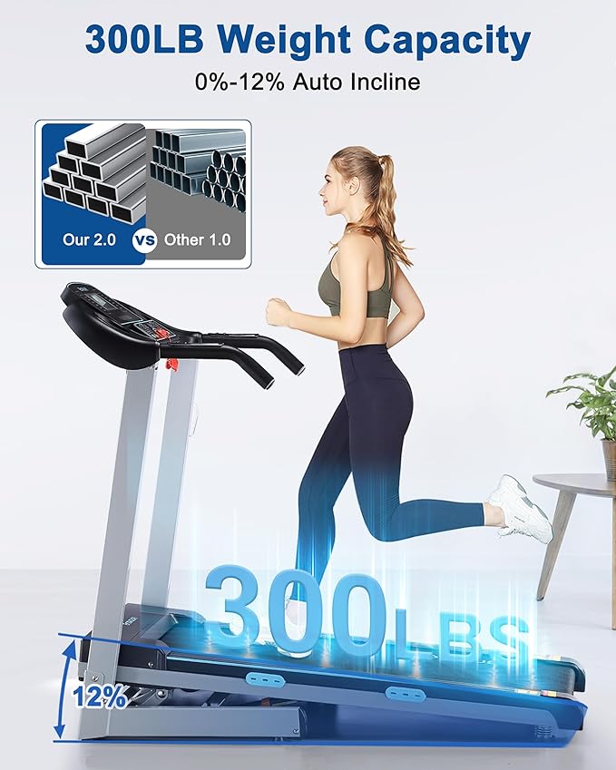 Treadmill with Auto Incline - 300 lb Capacity, 3.0HP Folding Electric Treadmill Up to 8.5 MPH Speed, Running Machine with 17.5" Wide Tread Belt and Bluetooth Speaker for Home Use