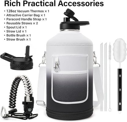 1 Gallon Water Bottle Insulated | Thickened Stainless Steel Vacuum Metal Water Jug | Portable Sports Large for Gym and Hiking with Straw, Carrier Bag, Handle Strap | BPA-Free 128 oz