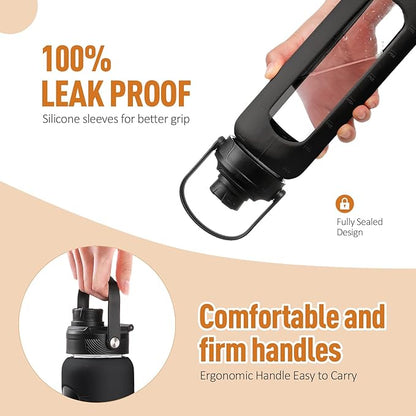 Kodrine Water Bottle with Straw, 24 oz Glass water Bottle with 2 Lids Bamboo Straw Lid and Spout Lid with Handle, 32 oz Clear Water Bottle Glass for Sports Travel, Waterbottle with Time Marker