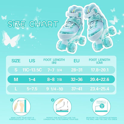 Kids Roller Skates for Girls-Outdoor 4 Size Adjustable Butterfly Quad Rollerskates for Indoor Ages 3-12 Years Beginners Children's Birthday Gift with Light Up Wheels patines para niñas Indoor