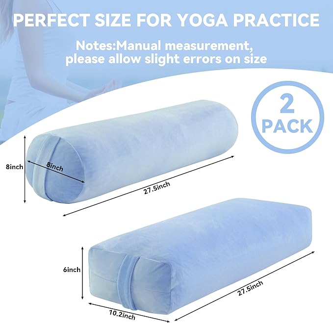 ROYALAY 2 Pcs Yoga Bolster Pillow for Restorative Yoga, Rectangular and Cylinder Meditation Pillow Set with Carrying Handles, Supportive Cushion for Exercise Workout Stretching Meditation,Sky Blue
