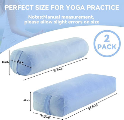 ROYALAY 2 Pcs Yoga Bolster Pillow for Restorative Yoga, Rectangular and Cylinder Meditation Pillow Set with Carrying Handles, Supportive Cushion for Exercise Workout Stretching Meditation,Sky Blue