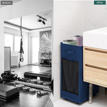 Yoga Mat Storage Racks, Home Gym Storage Rack with Wheels, Yoga Mat Holder Side 2 Mesh Pockets, Yoga Storage Basket Holds 4 Yoga Mats, 2 Foam Rollers, 6 Resistance Bands