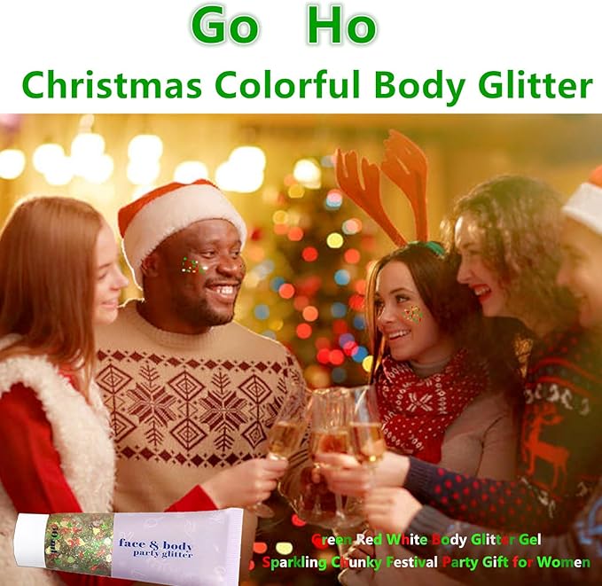 Go Ho Christmas Body Hair Face Glitter Gel,Christmas Glitters Face Paint,Holographic Colorful Sequins Chunky Reflective Face Glitter Makeup,Festival Rave Outfits for Women