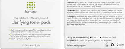 Humane Clarifying Toner Pads for Face - 2% BHA Liquid Salicylic Acid - Pore Minimizer and Facial Exfoliator - Gentle for All Skin Types - Removes Excess Oil, Dead Skin Cells, and Grime - 4 Ounce